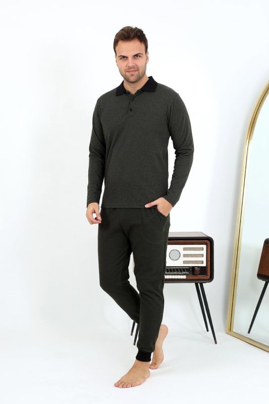 Moda Çizgi Erkek Polo Yaka Uzun Kol Penye Pijama Takımı 6862 Haki - 1