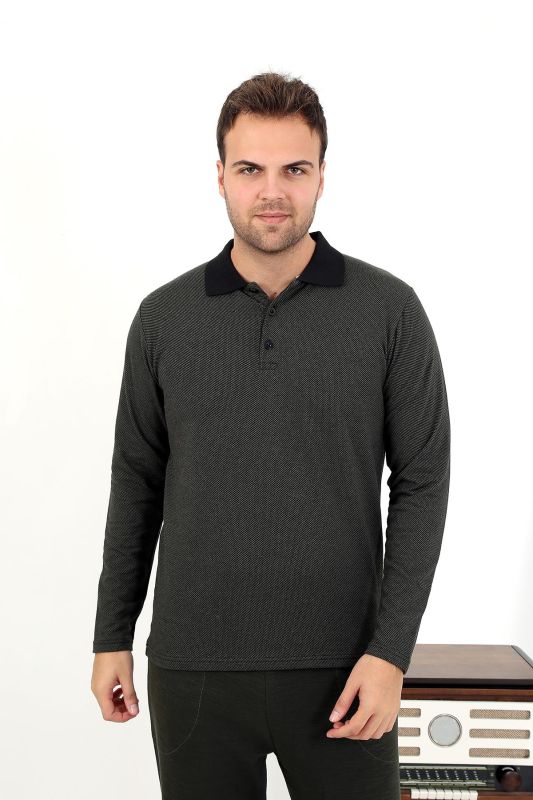 Moda Çizgi Erkek Polo Yaka Uzun Kol Penye Pijama Takımı 6862 Haki - 2
