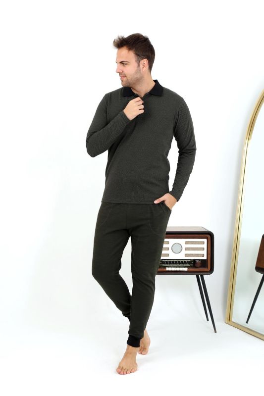 Moda Çizgi Erkek Polo Yaka Uzun Kol Penye Pijama Takımı 6862 Haki - 3