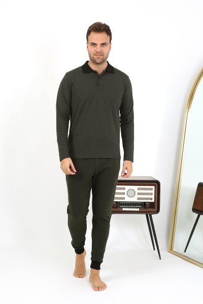 Moda Çizgi Erkek Polo Yaka Uzun Kol Penye Pijama Takımı 6862 Haki - Thumbnail
