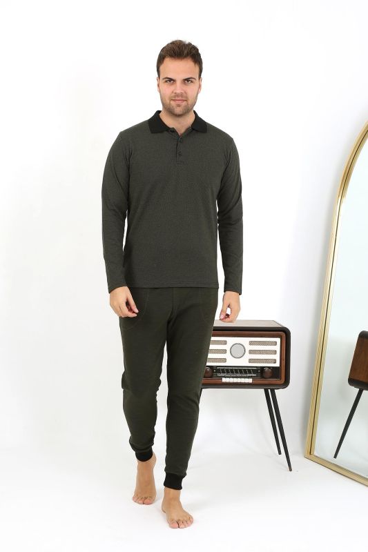 Moda Çizgi Erkek Polo Yaka Uzun Kol Penye Pijama Takımı 6862 Haki - 5