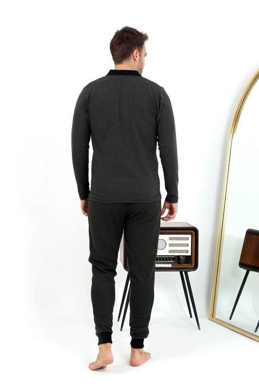 Moda Çizgi Erkek Polo Yaka Uzun Kol Penye Pijama Takımı 6862 Haki - 6
