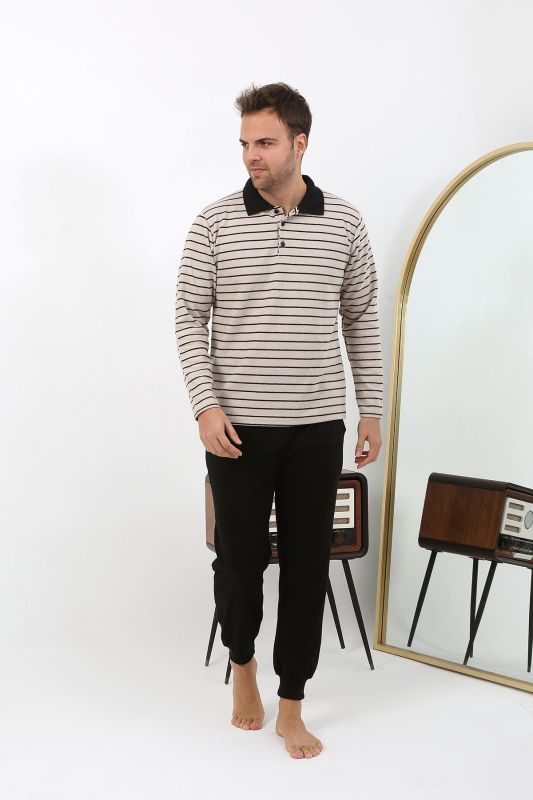 Moda Çizgi Erkek Polo Yaka Uzun Kol Penye Pijama Takımı 6862 Krem - 2