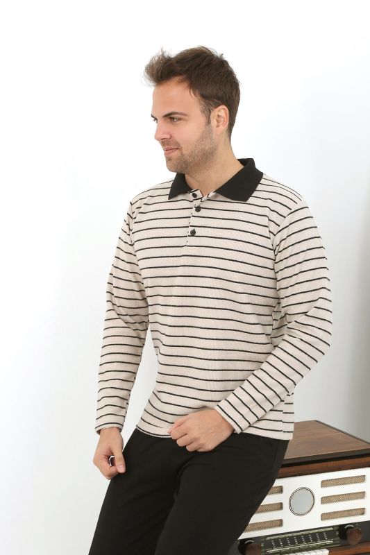 Moda Çizgi Erkek Polo Yaka Uzun Kol Penye Pijama Takımı 6862 Krem - 3
