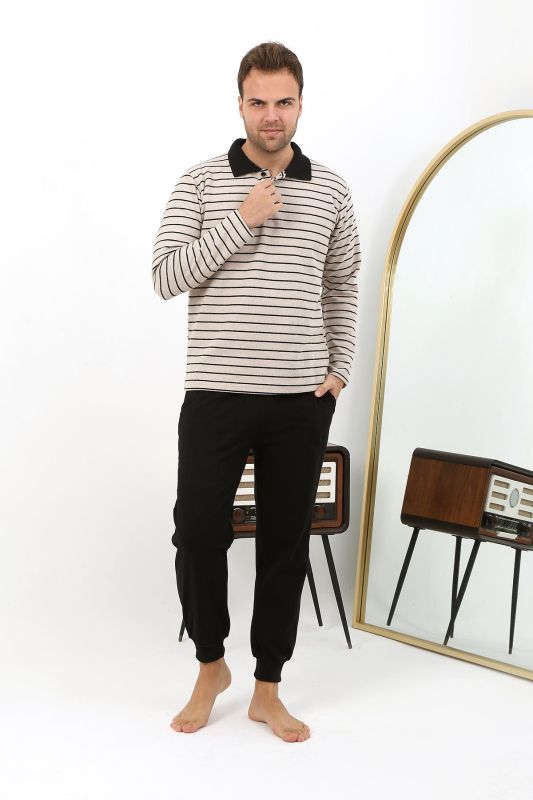 Moda Çizgi Erkek Polo Yaka Uzun Kol Penye Pijama Takımı 6862 Krem - 4