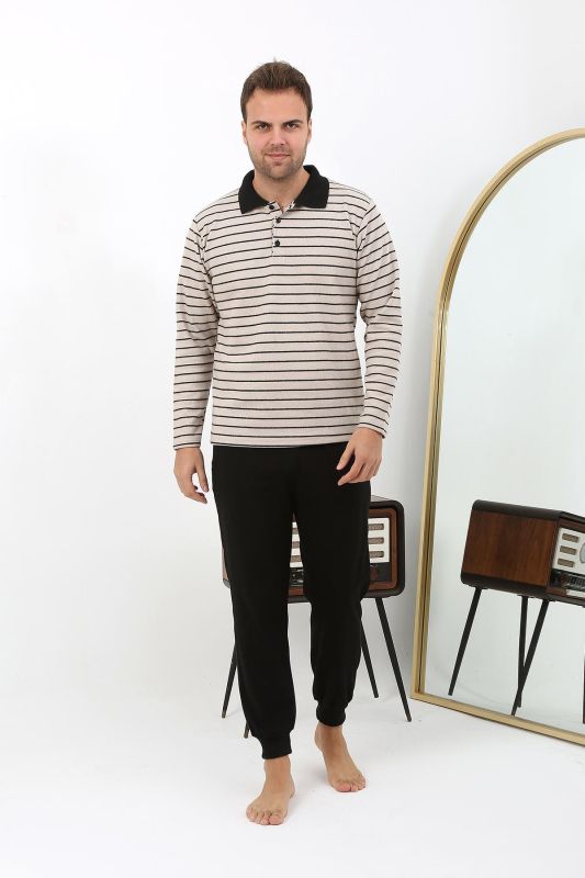 Moda Çizgi Erkek Polo Yaka Uzun Kol Penye Pijama Takımı 6862 Krem - 5