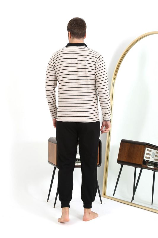 Moda Çizgi Erkek Polo Yaka Uzun Kol Penye Pijama Takımı 6862 Krem - 6
