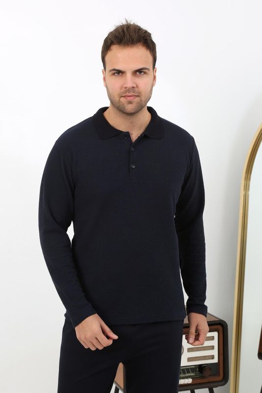 Moda Çizgi Erkek Polo Yaka Uzun Kol Penye Pijama Takımı 6862 Lacivert - 1