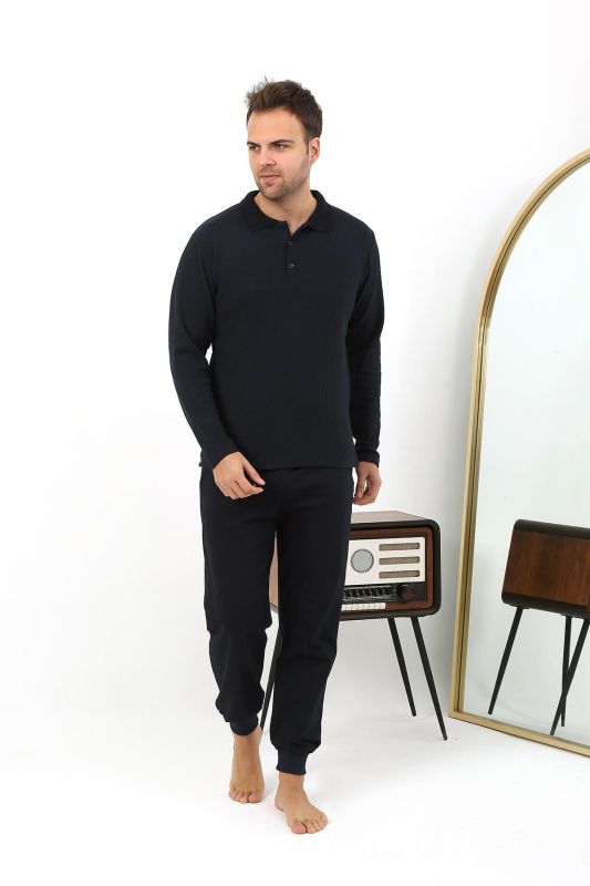 Moda Çizgi Erkek Polo Yaka Uzun Kol Penye Pijama Takımı 6862 Lacivert - 2