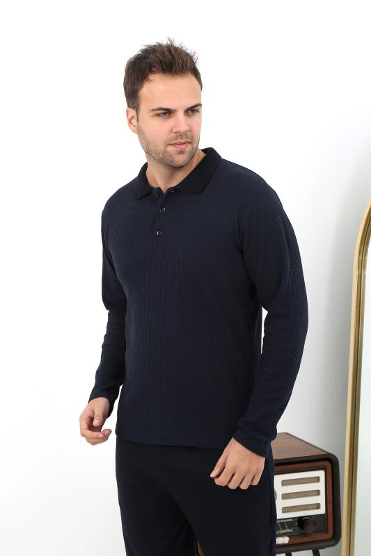 Moda Çizgi Erkek Polo Yaka Uzun Kol Penye Pijama Takımı 6862 Lacivert - 3