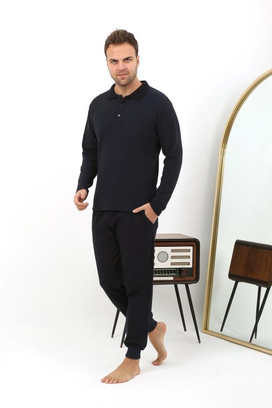 Moda Çizgi Erkek Polo Yaka Uzun Kol Penye Pijama Takımı 6862 Lacivert - 4