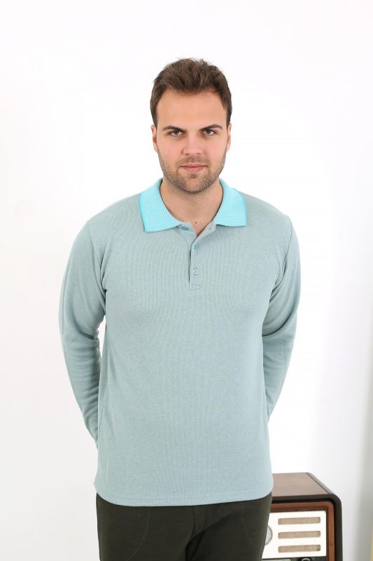 Moda Çizgi Erkek Polo Yaka Uzun Kol Penye Pijama Takımı 6862 Su Yeşili - 1