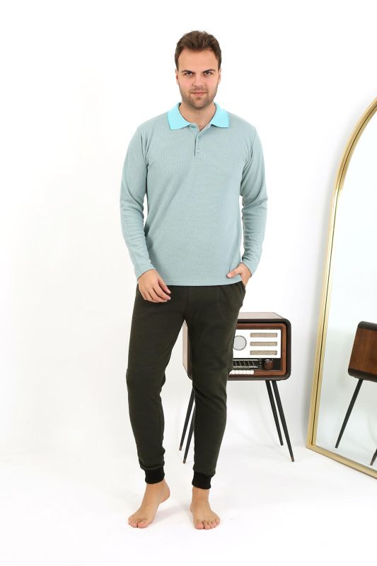 Moda Çizgi Erkek Polo Yaka Uzun Kol Penye Pijama Takımı 6862 Su Yeşili - 2