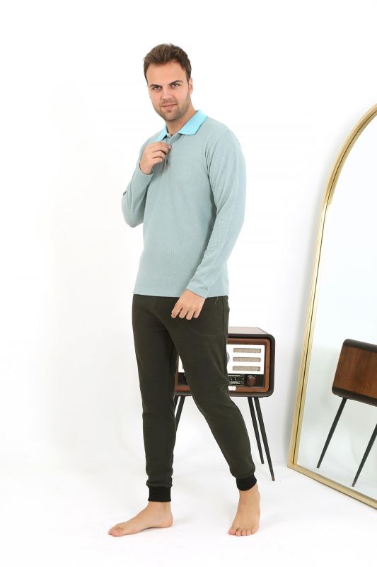 Moda Çizgi Erkek Polo Yaka Uzun Kol Penye Pijama Takımı 6862 Su Yeşili - 3