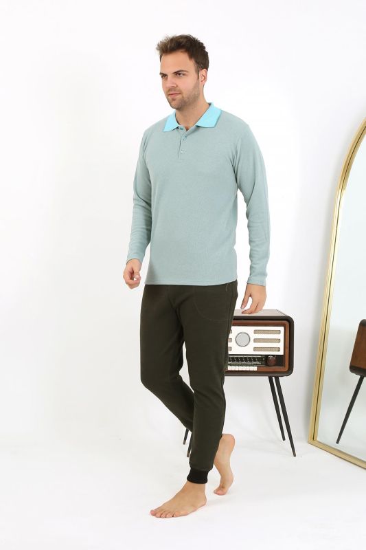 Moda Çizgi Erkek Polo Yaka Uzun Kol Penye Pijama Takımı 6862 Su Yeşili - 4