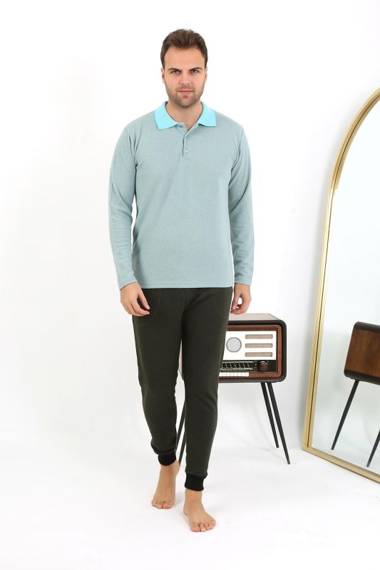 Moda Çizgi Erkek Polo Yaka Uzun Kol Penye Pijama Takımı 6862 Su Yeşili - 5