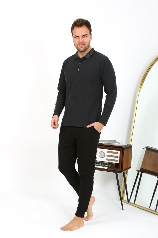 Moda Çizgi Erkek Polo Yaka Uzun Kol Penye Pijama Takımı Antrasit 6865 - 2
