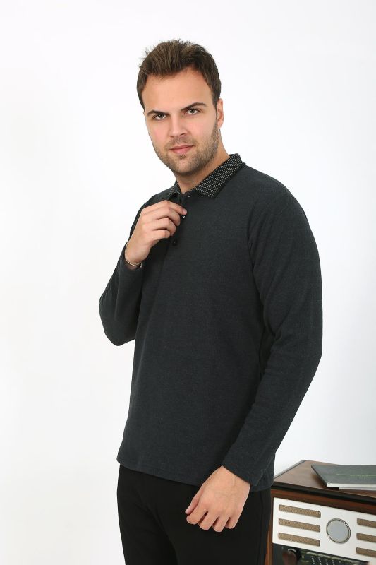 Moda Çizgi Erkek Polo Yaka Uzun Kol Penye Pijama Takımı Antrasit 6865 - 3