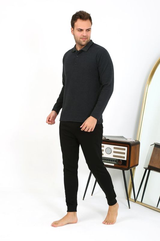 Moda Çizgi Erkek Polo Yaka Uzun Kol Penye Pijama Takımı Antrasit 6865 - 5