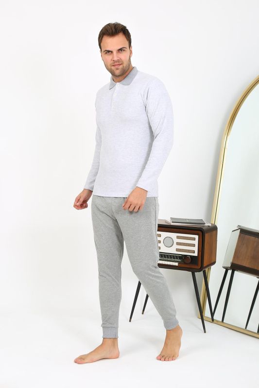 Moda Çizgi Erkek Polo Yaka Uzun Kol Penye Pijama Takımı Gri 6864 - 2