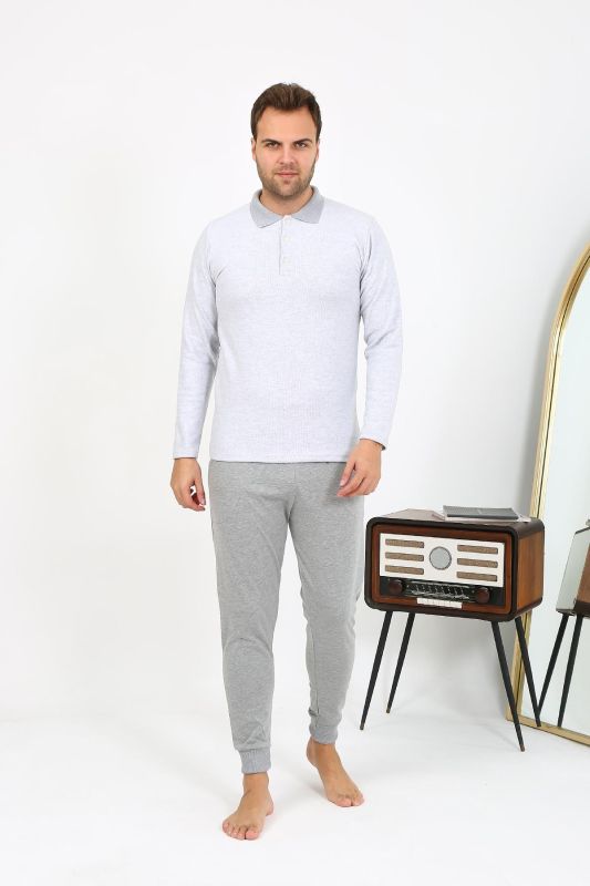 Moda Çizgi Erkek Polo Yaka Uzun Kol Penye Pijama Takımı Gri 6864 - 3