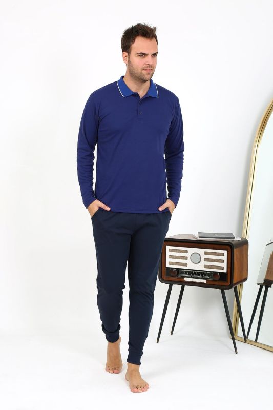 Moda Çizgi Erkek Polo Yaka Uzun Kol Penye Pijama Takımı Gri 6865 - 1