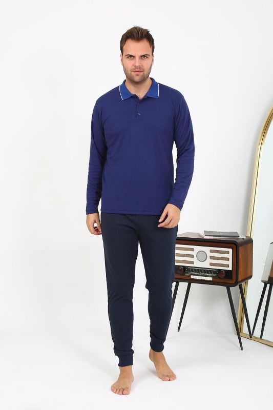 Moda Çizgi Erkek Polo Yaka Uzun Kol Penye Pijama Takımı Gri 6865 - 2