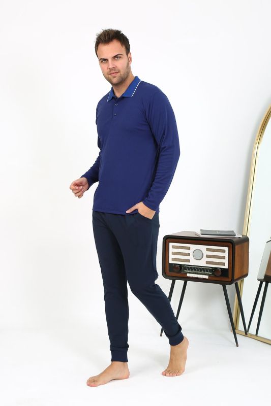 Moda Çizgi Erkek Polo Yaka Uzun Kol Penye Pijama Takımı Gri 6865 - 3