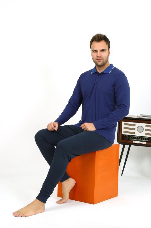 Moda Çizgi Erkek Polo Yaka Uzun Kol Penye Pijama Takımı Gri 6865 - 5