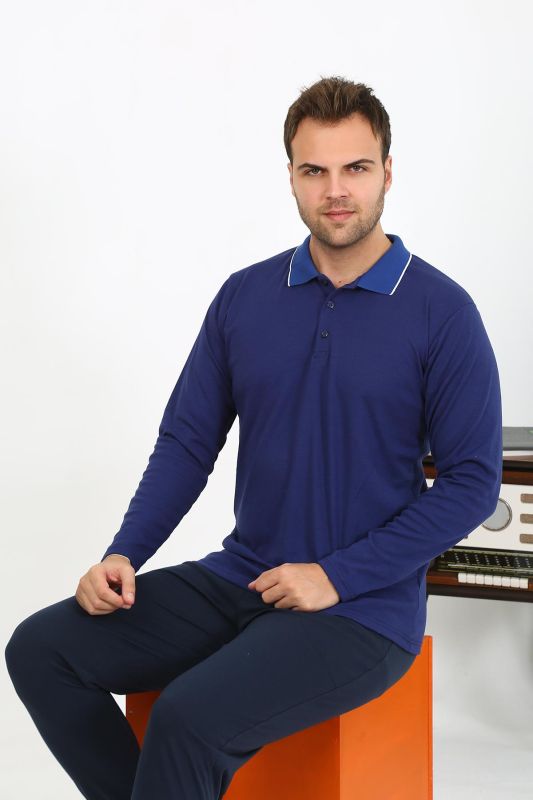 Moda Çizgi Erkek Polo Yaka Uzun Kol Penye Pijama Takımı Gri 6865 - 7