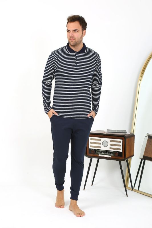 Moda Çizgi Erkek Polo Yaka Uzun Kol Penye Pijama Takımı Lacivert 6864 - 1