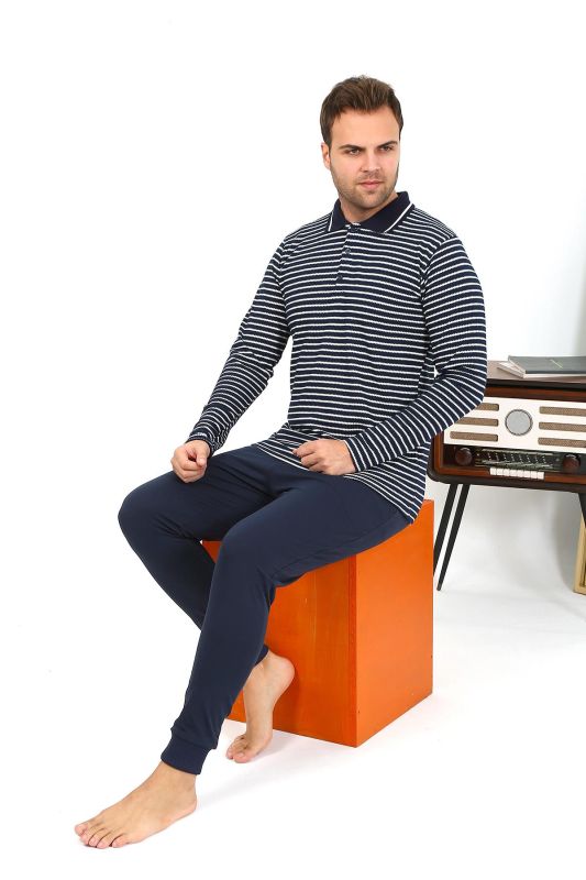 Moda Çizgi Erkek Polo Yaka Uzun Kol Penye Pijama Takımı Lacivert 6864 - 2