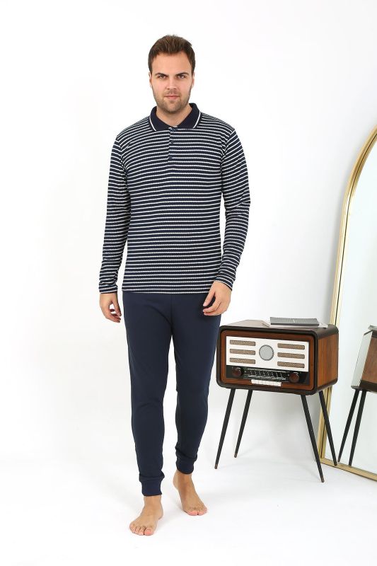 Moda Çizgi Erkek Polo Yaka Uzun Kol Penye Pijama Takımı Lacivert 6864 - 3