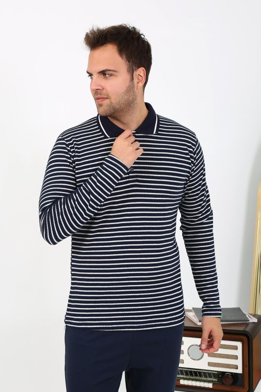 Moda Çizgi Erkek Polo Yaka Uzun Kol Penye Pijama Takımı Lacivert 6864 - 4