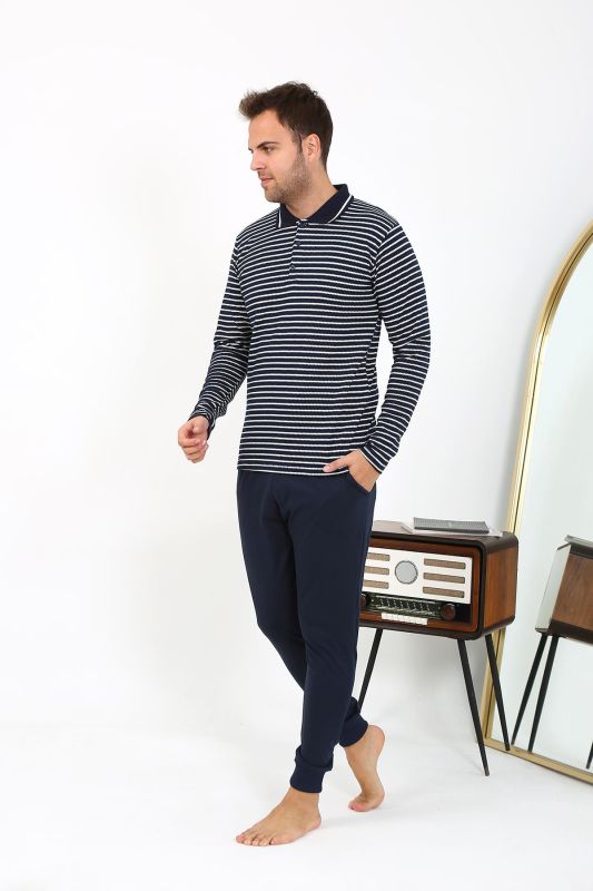 Moda Çizgi Erkek Polo Yaka Uzun Kol Penye Pijama Takımı Lacivert 6864 - 5