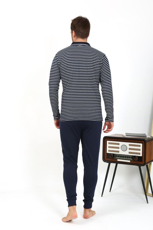 Moda Çizgi Erkek Polo Yaka Uzun Kol Penye Pijama Takımı Lacivert 6864 - 6