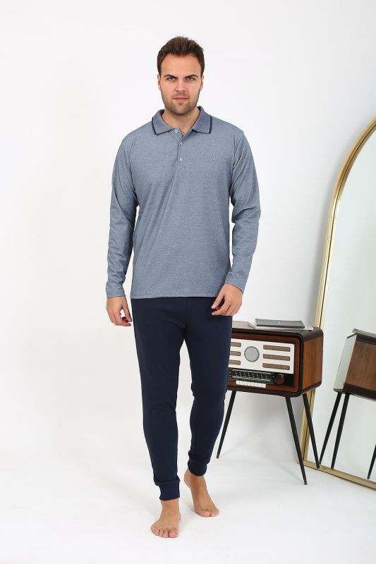 Moda Çizgi Erkek Polo Yaka Uzun Kol Penye Pijama Takımı Lacivert 6865 - 1