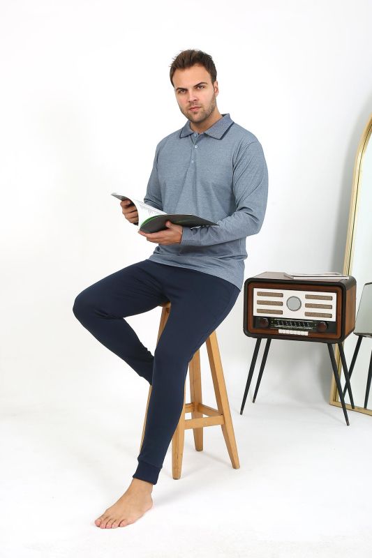 Moda Çizgi Erkek Polo Yaka Uzun Kol Penye Pijama Takımı Lacivert 6865 - 2