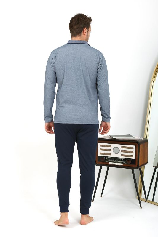 Moda Çizgi Erkek Polo Yaka Uzun Kol Penye Pijama Takımı Lacivert 6865 - 3