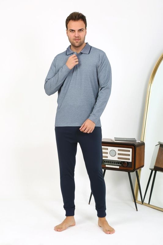 Moda Çizgi Erkek Polo Yaka Uzun Kol Penye Pijama Takımı Lacivert 6865 - 4