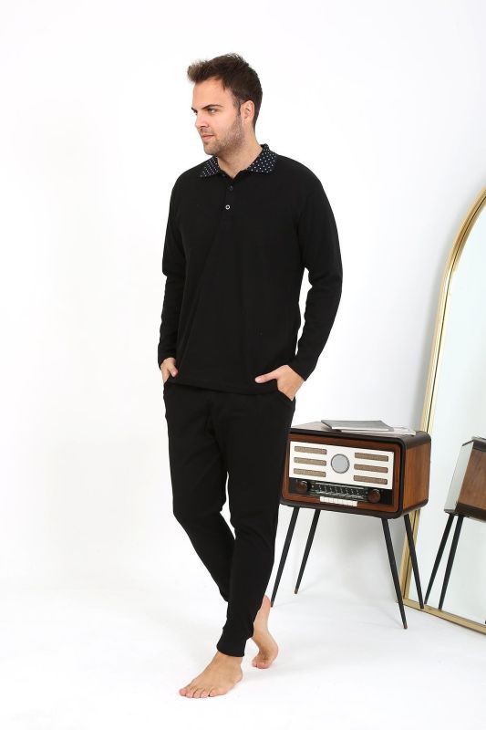 Moda Çizgi Erkek Polo Yaka Uzun Kol Penye Pijama Takımı Siyah 6864 - 1