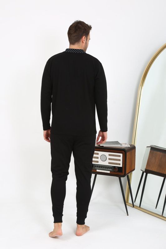 Moda Çizgi Erkek Polo Yaka Uzun Kol Penye Pijama Takımı Siyah 6864 - 4