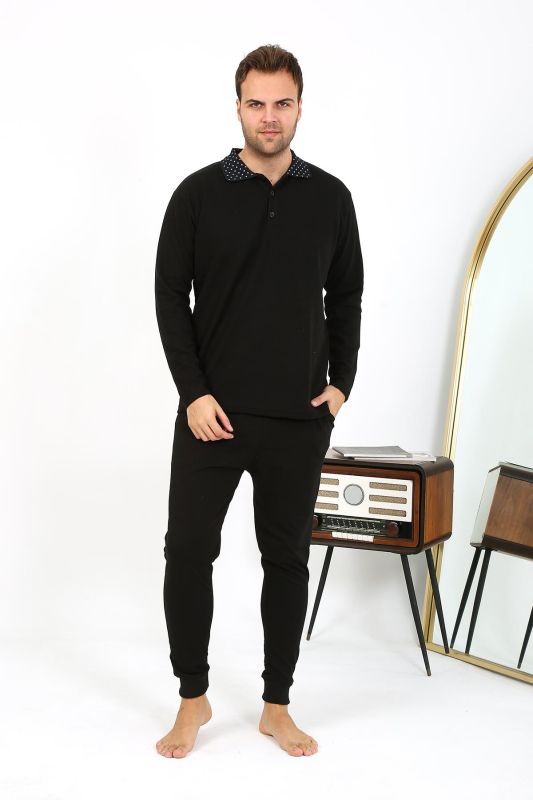 Moda Çizgi Erkek Polo Yaka Uzun Kol Penye Pijama Takımı Siyah 6864 - 6