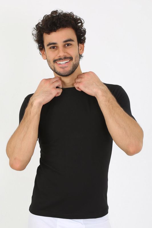 Moda Çizgi Erkek Sıfır Yaka Likralı Siyah T-Shirt 65710 - 1
