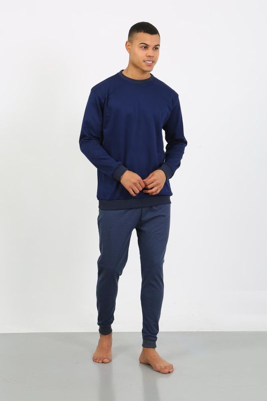 Moda Çizgi Erkek Uzun Kol Manşetli Paça Penye Pijama Takımı 6870 Lacivert - 1