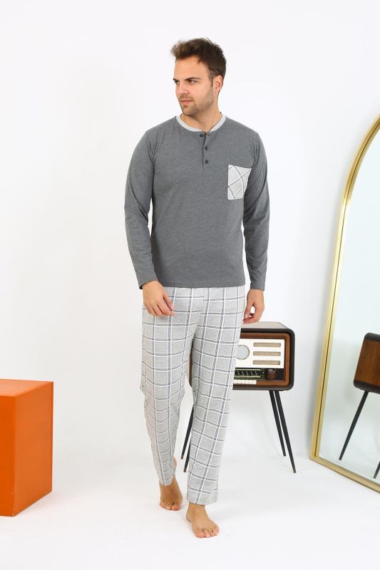 Moda Çizgi Erkek Uzun Kol Penye Antrasit Pijama Takımı 6861 - 1