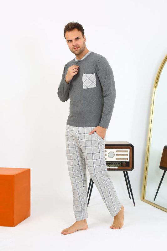 Moda Çizgi Erkek Uzun Kol Penye Antrasit Pijama Takımı 6861 - 2