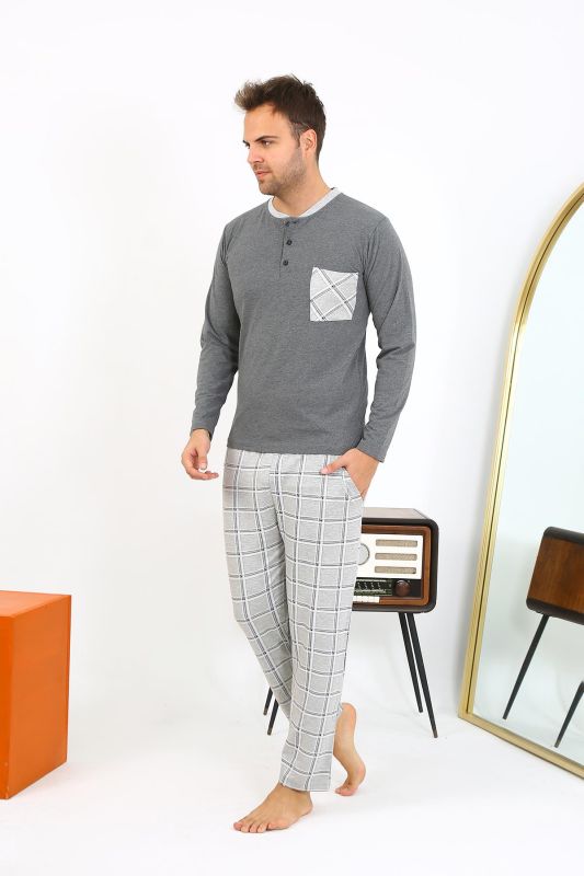Moda Çizgi Erkek Uzun Kol Penye Antrasit Pijama Takımı 6861 - 4