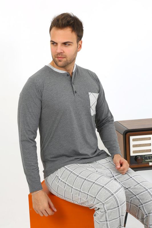 Moda Çizgi Erkek Uzun Kol Penye Antrasit Pijama Takımı 6861 - 5