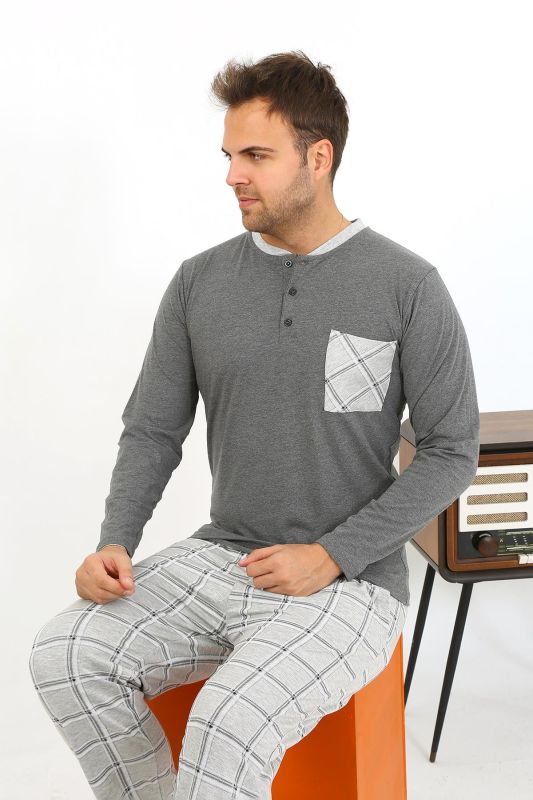 Moda Çizgi Erkek Uzun Kol Penye Antrasit Pijama Takımı 6861 - 6